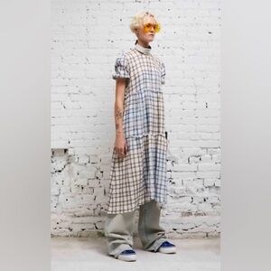R13 Dress Shredded Relaxed Midi Dress in Bleached Light Blue Plaid XS